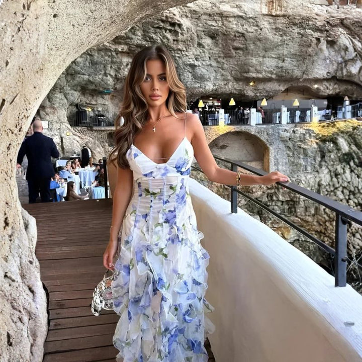 Floral V-neck ruffle maxi dress with ruched waist and layered skirt detail