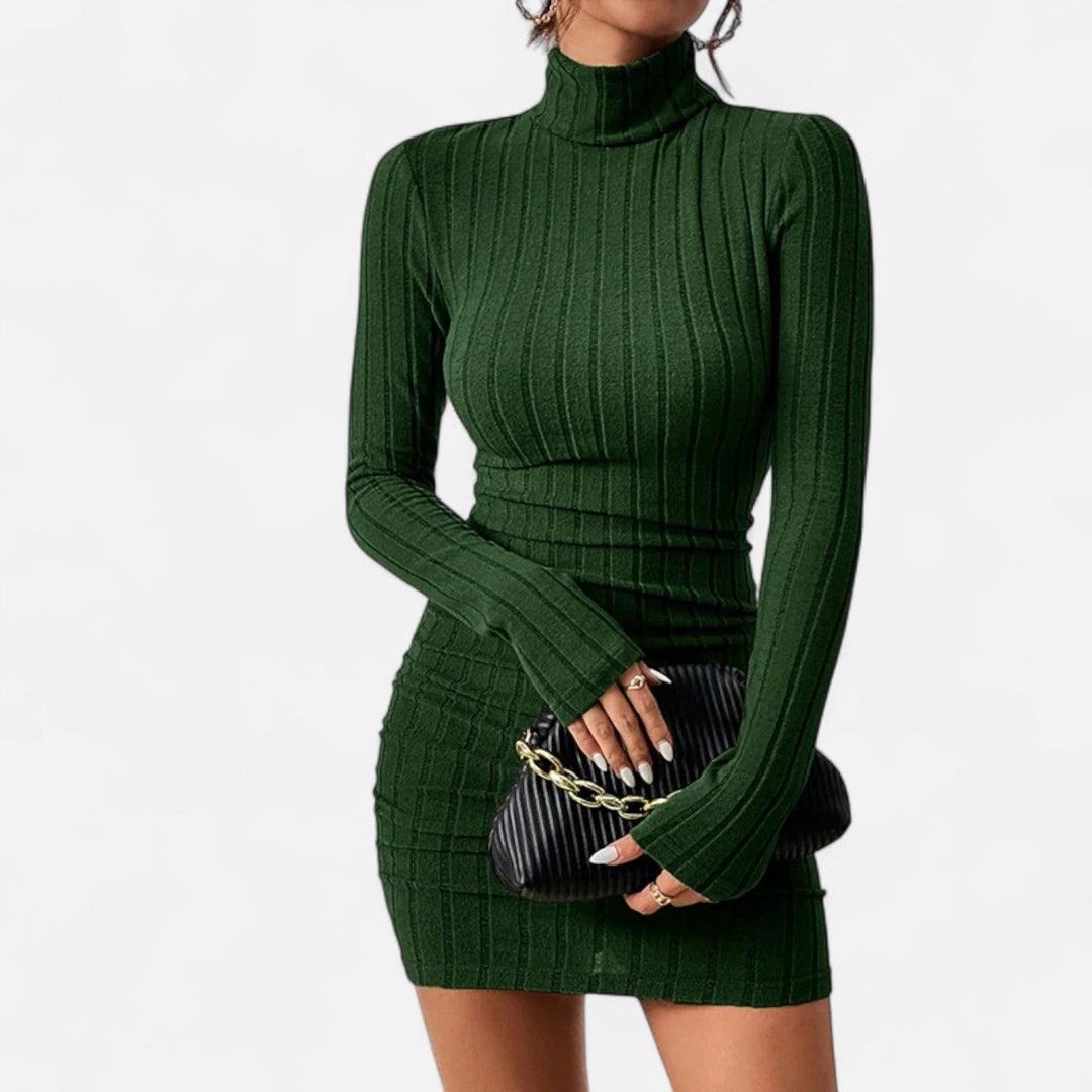 Deep green ribbed knit turtleneck mini dress front view