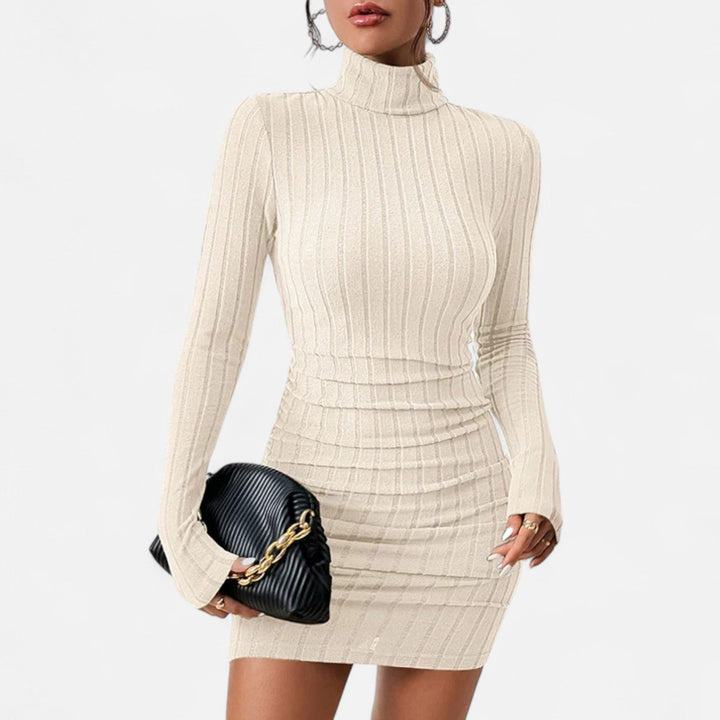 Cream ribbed knit turtleneck mini dress with waist ruching