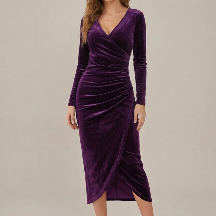 Purple velvet wrap midi dress with bodycon fit and diagonal hem