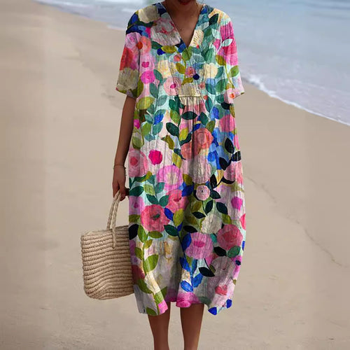 Vibrant Floral Summer Dress for Women – Flattering V-Neck with Comfortable Fit
