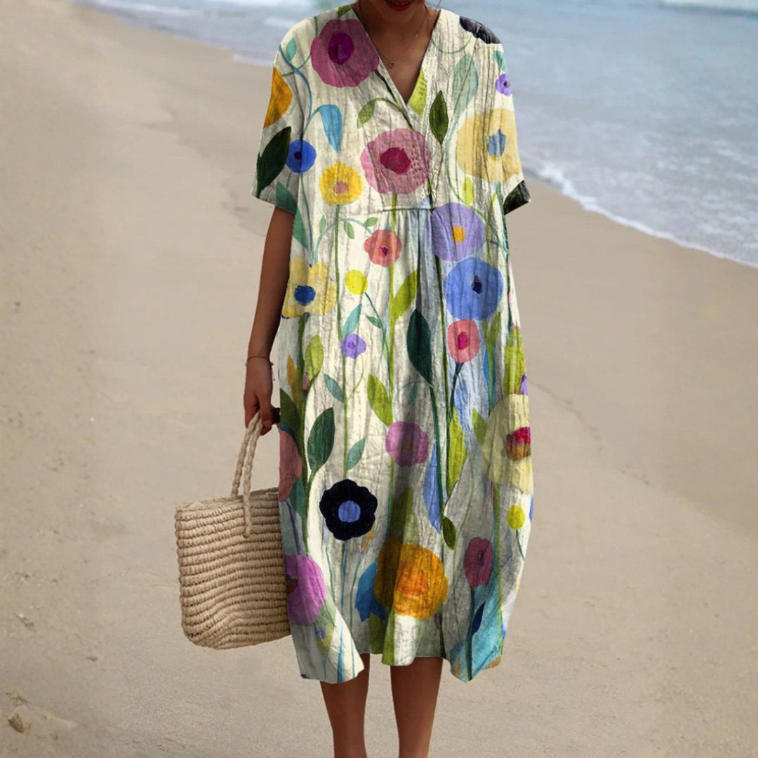 Vibrant Floral Summer Dress for Women – Flattering V-Neck with Comfortable Fit