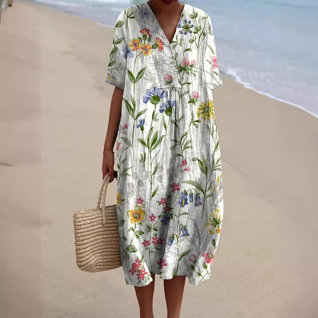 Vibrant Floral Summer Dress for Women – Flattering V-Neck with Comfortable Fit