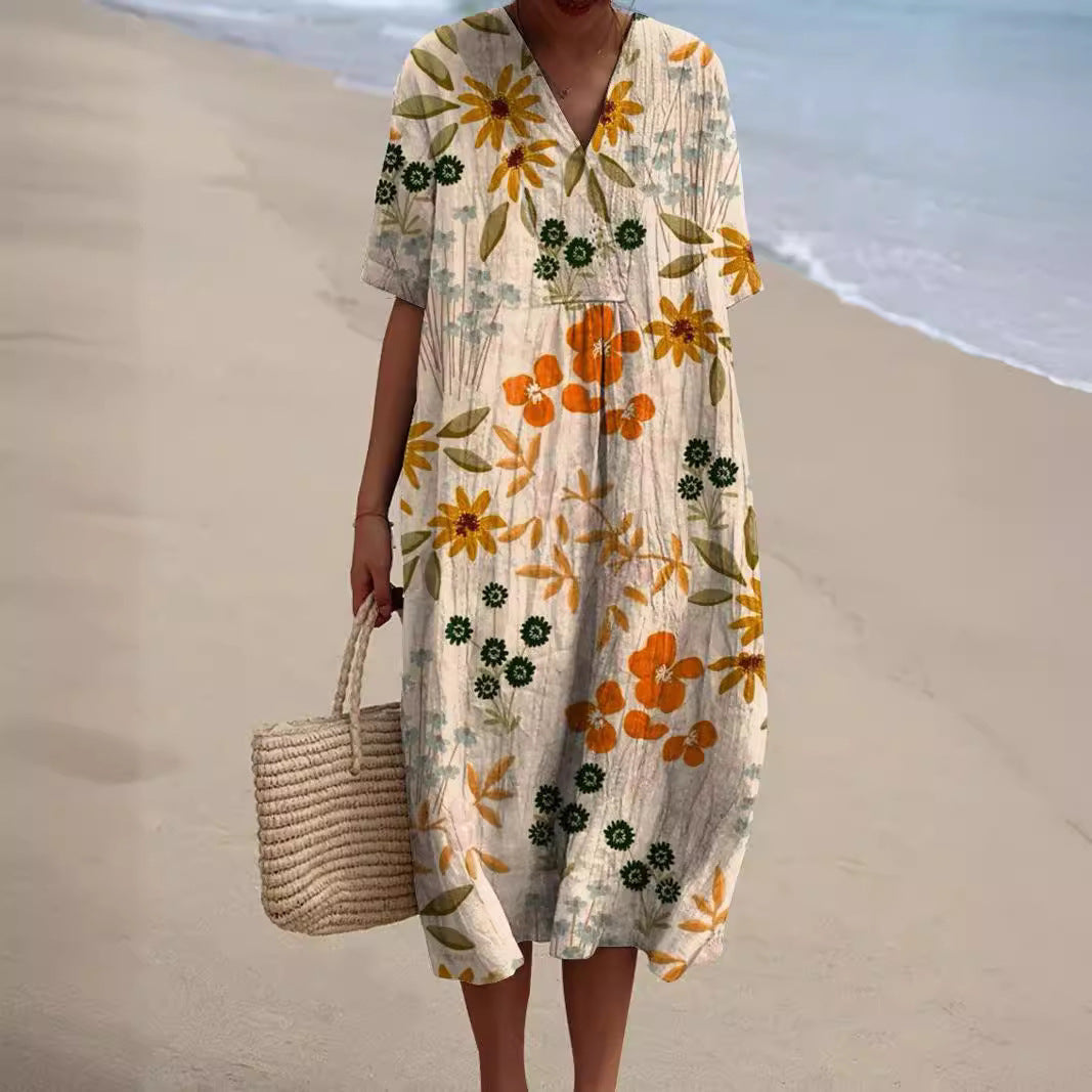 Vibrant Floral Summer Dress for Women – Flattering V-Neck with Comfortable Fit