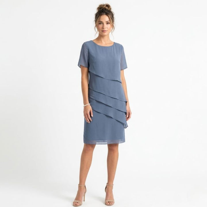 Dusty blue multi-tiered chiffon shift dress with crew neck and ruffles