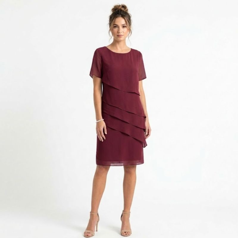 Burgundy layered chiffon evening dress with asymmetrical ruffle detail