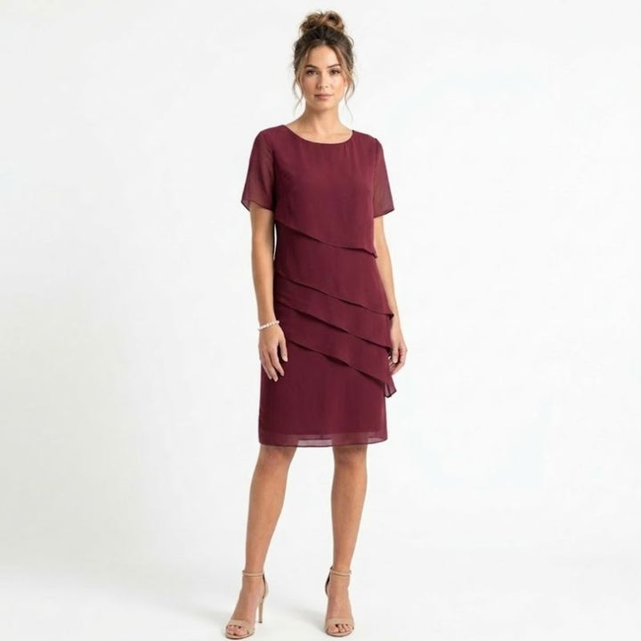 Burgundy layered chiffon evening dress with asymmetrical ruffle detail