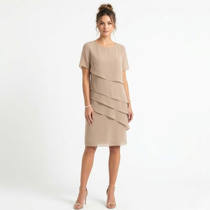 Beige flowy chiffon shift dress with diagonal ruffled overlay for special occasions