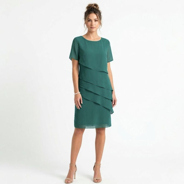 Teal tiered chiffon shift dress with diagonal ruffles for wedding guest
