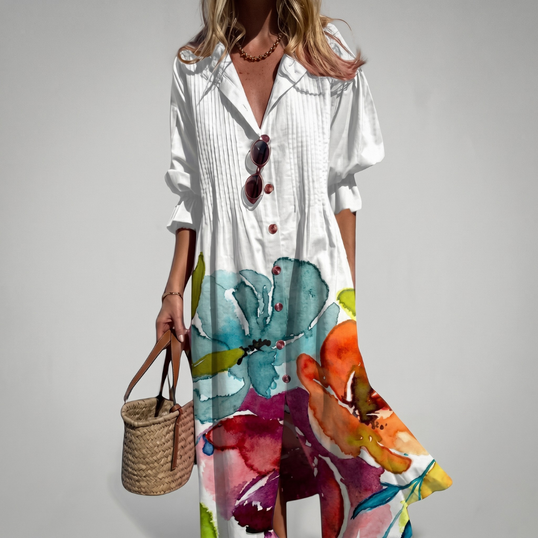 White floral maxi dress with teal and orange watercolor print, pintuck pleated linen blend shirt dress
