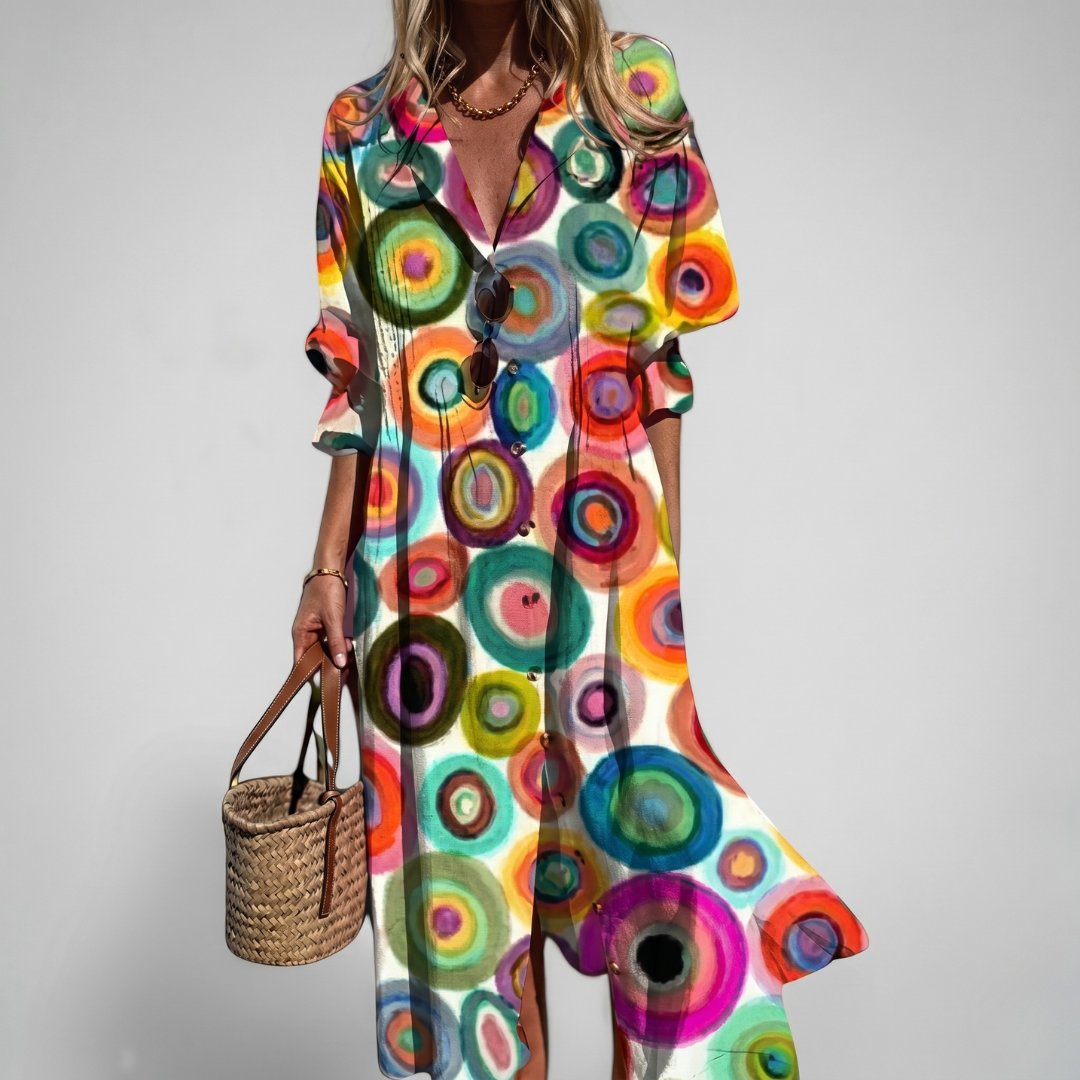 White circular watercolor pattern maxi dress with side slit, gold-toned button-down linen blend shirt dress