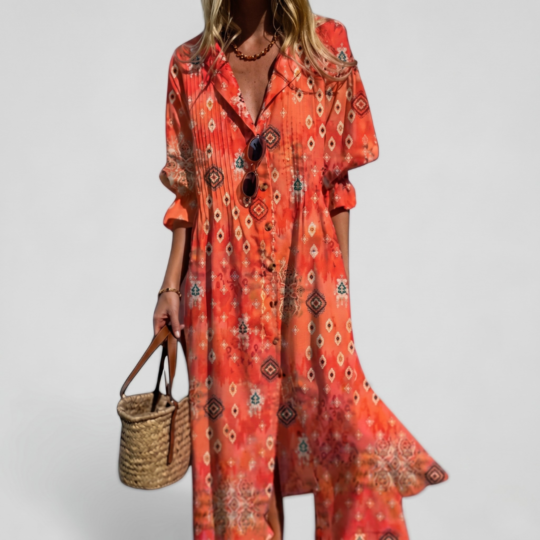 Vibrant orange geometric tribal pattern maxi dress, collared V-neck pintuck pleated button-down shirt dress