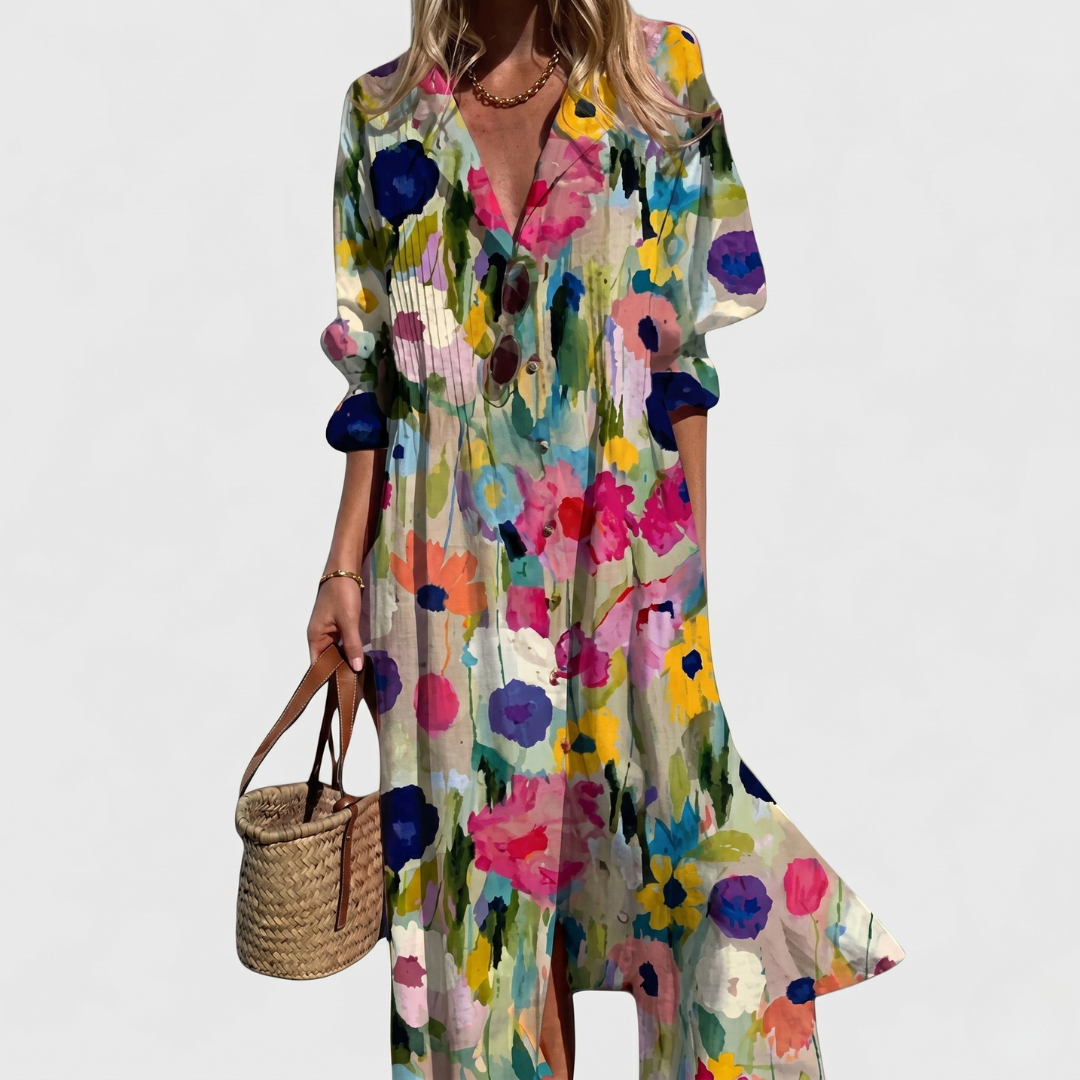 White multicolor floral watercolor print maxi dress with large blooms, pintuck pleated linen blend shirt dress