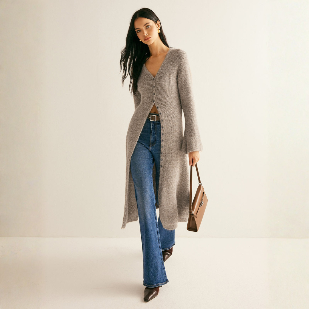 Heather gray button-up V-neck duster sweater with bell sleeves on model