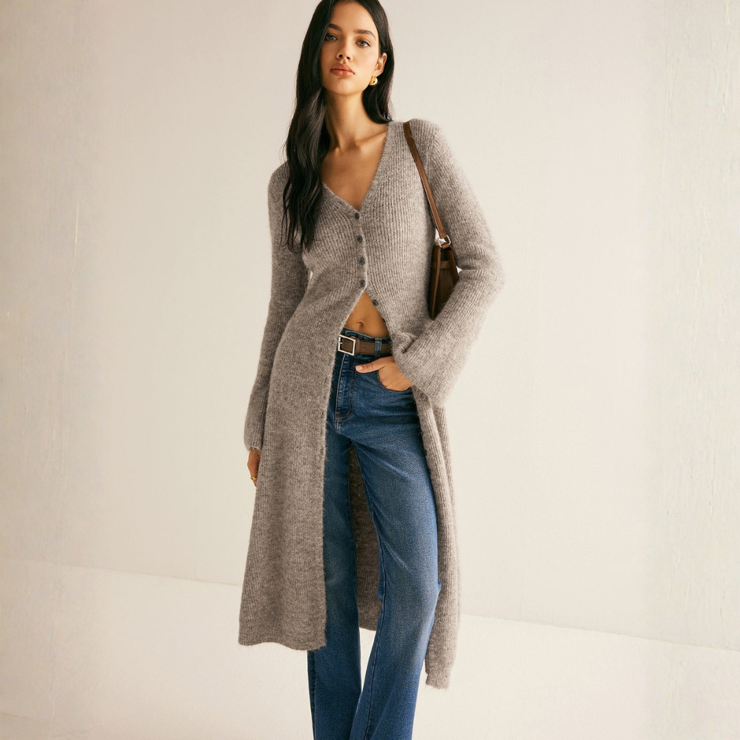 Women's heather gray ribbed knit long cardigan with V-neck and flare sleeves
