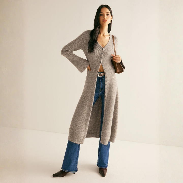 Heather gray open-front ribbed cardigan styled with flared jeans and belt