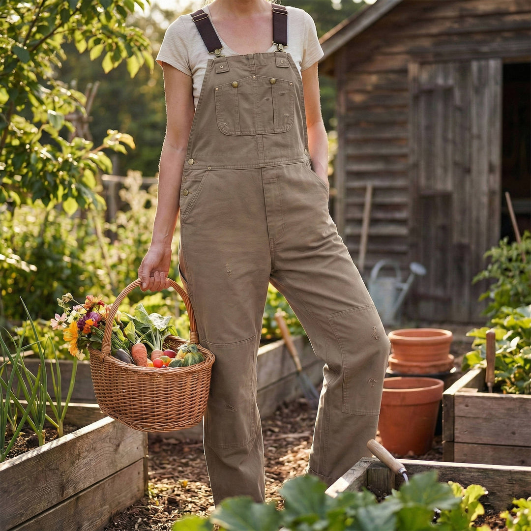 Olive green canvas bib overalls worn in garden with adjustable webbing straps