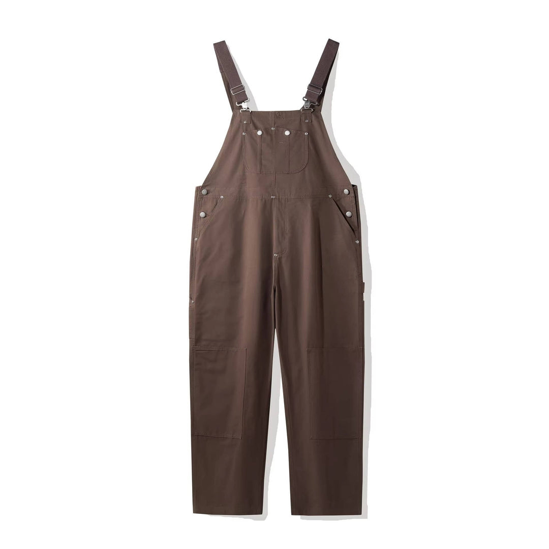 Brown utility duck cloth dungarees flat lay showing straight leg cut and pockets