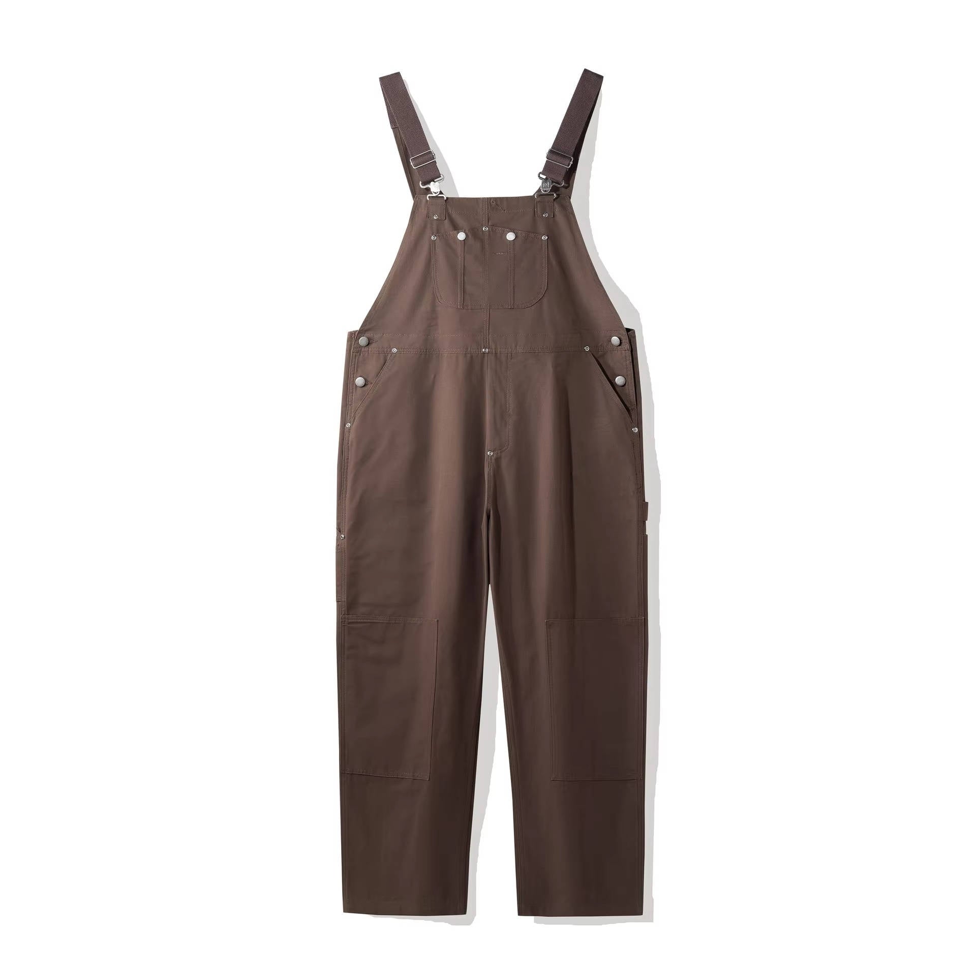 Brown utility duck cloth dungarees flat lay showing straight leg cut and pockets
