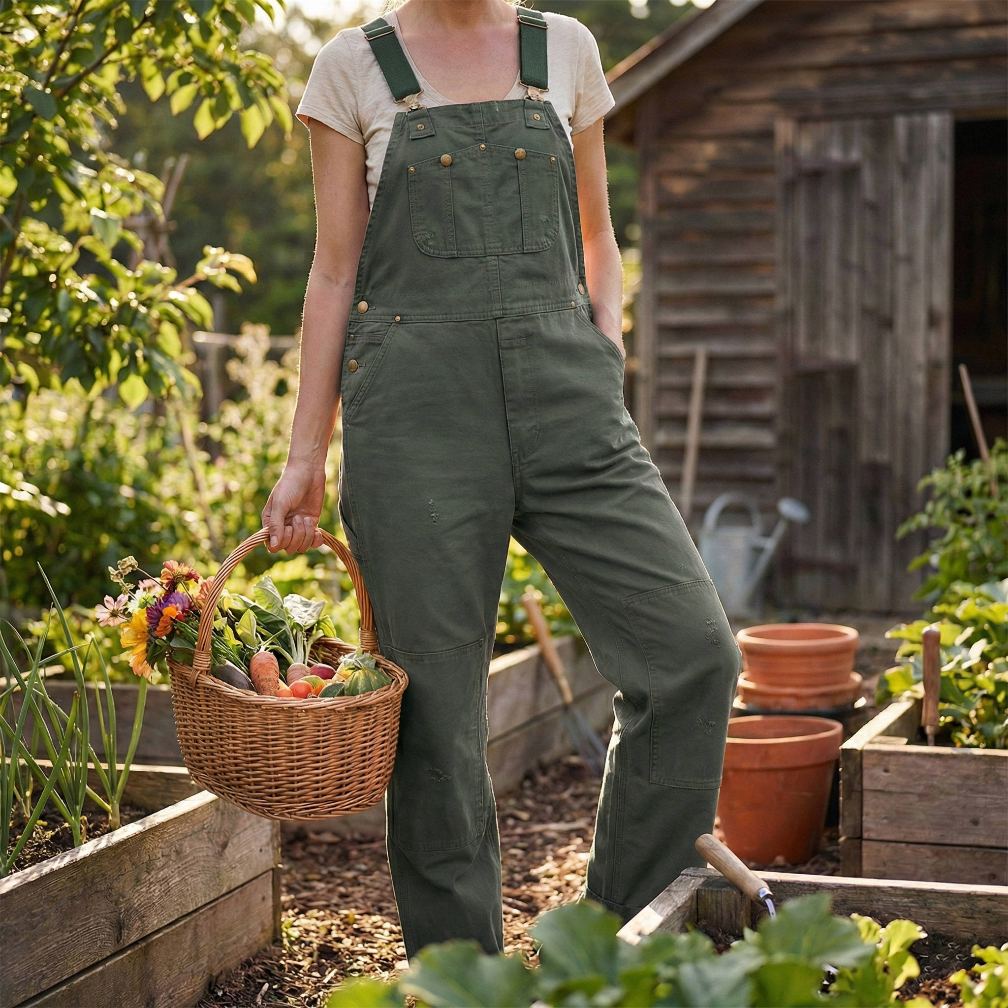 Olive green distressed canvas dungarees worn outdoors with fresh produce basket
