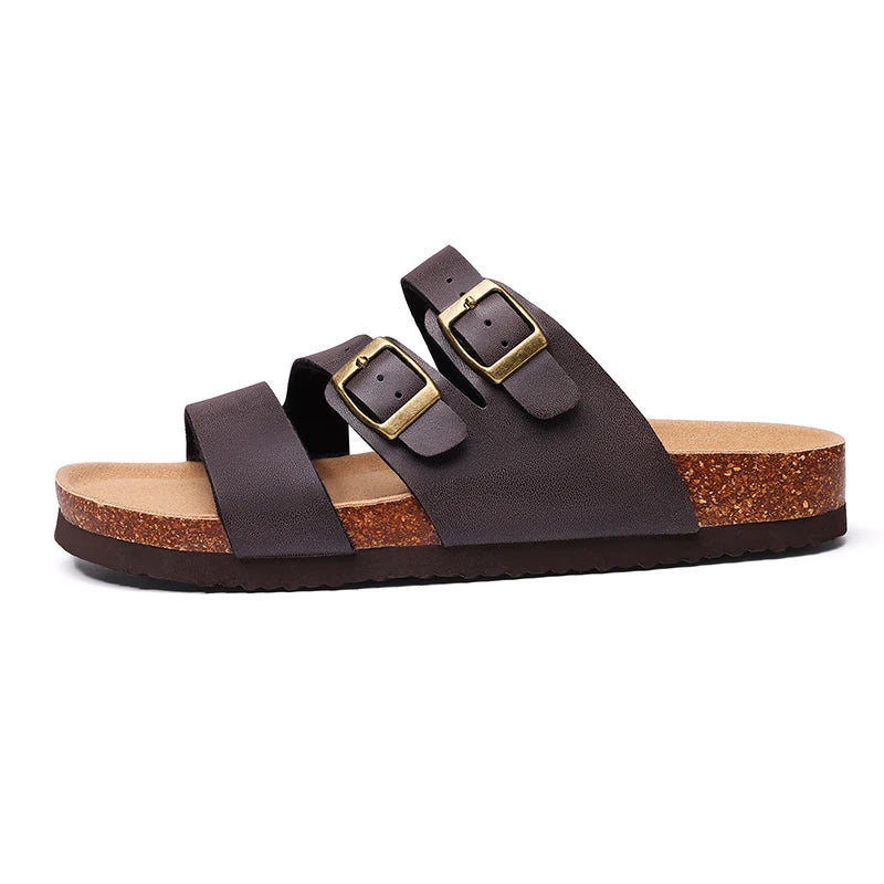 Women's Cork Footbed Sandals – Memory Foam Comfort Brown Faux Leather Slides