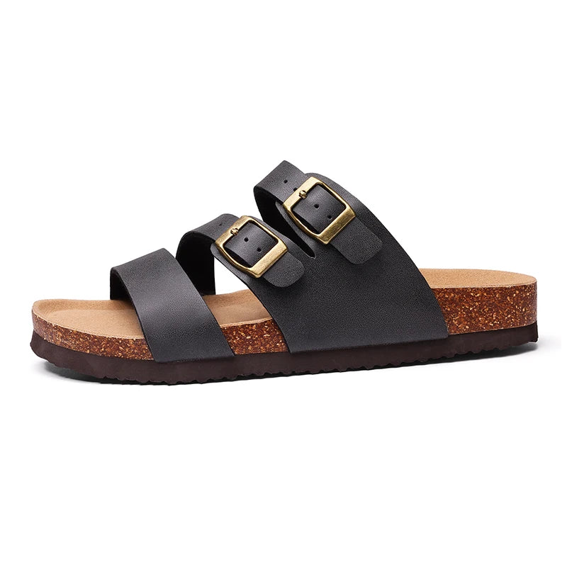 Women's Cork Footbed Sandals – Memory Foam Comfort Brown Faux Leather Slides