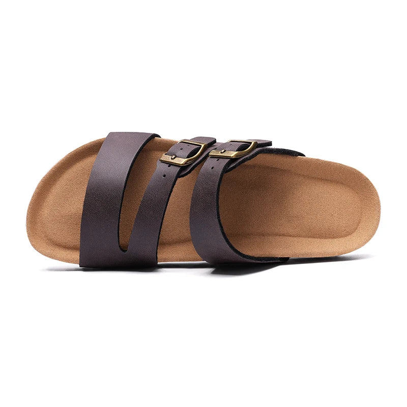 Women's Cork Footbed Sandals – Memory Foam Comfort Brown Faux Leather Slides
