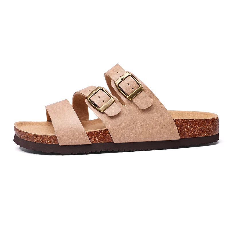 Women's Cork Footbed Sandals – Memory Foam Comfort Brown Faux Leather Slides