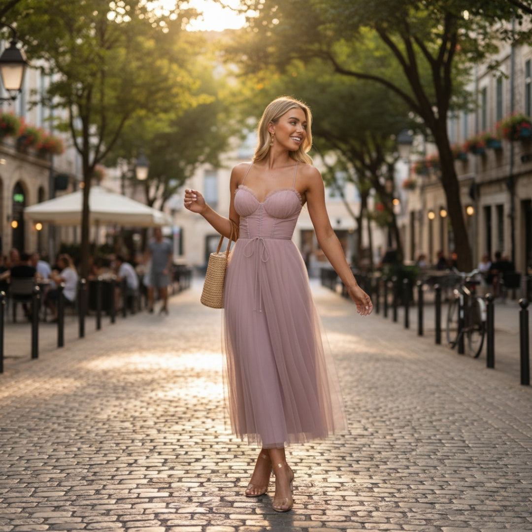 Women’s Corset Maxi Dress with Tulle Skirt Spaghetti Strap Elegant Formal Summer Gown