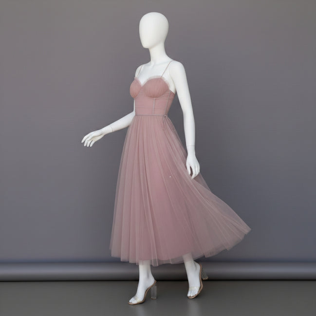 Women’s Corset Maxi Dress with Tulle Skirt Spaghetti Strap Elegant Formal Summer Gown