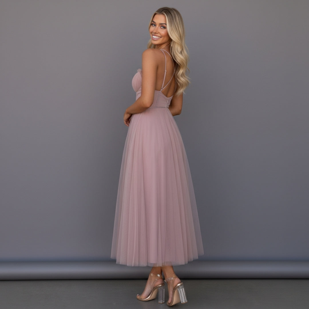 Women’s Corset Maxi Dress with Tulle Skirt Spaghetti Strap Elegant Formal Summer Gown