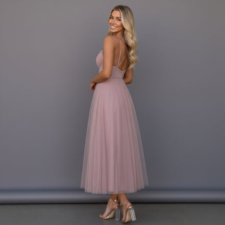 Women’s Corset Maxi Dress with Tulle Skirt Spaghetti Strap Elegant Formal Summer Gown