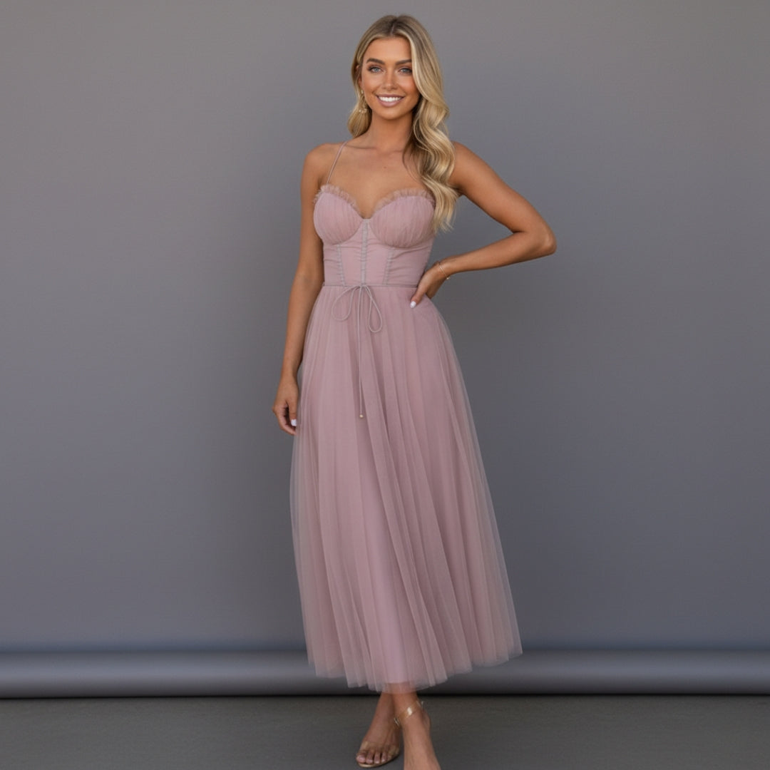 Women’s Corset Maxi Dress with Tulle Skirt Spaghetti Strap Elegant Formal Summer Gown