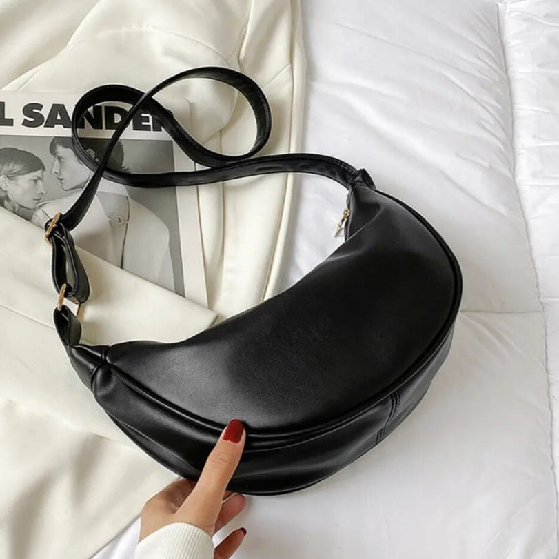 Women’s Crescent Shoulder Bag with Adjustable Strap and Zip Closure