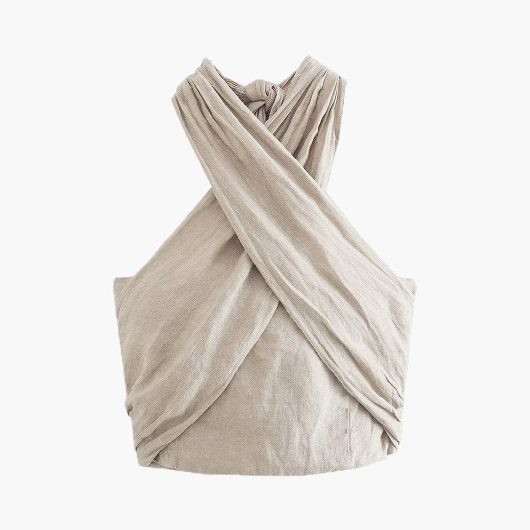 Women's beige linen-blend criss cross halter crop top with wrap front