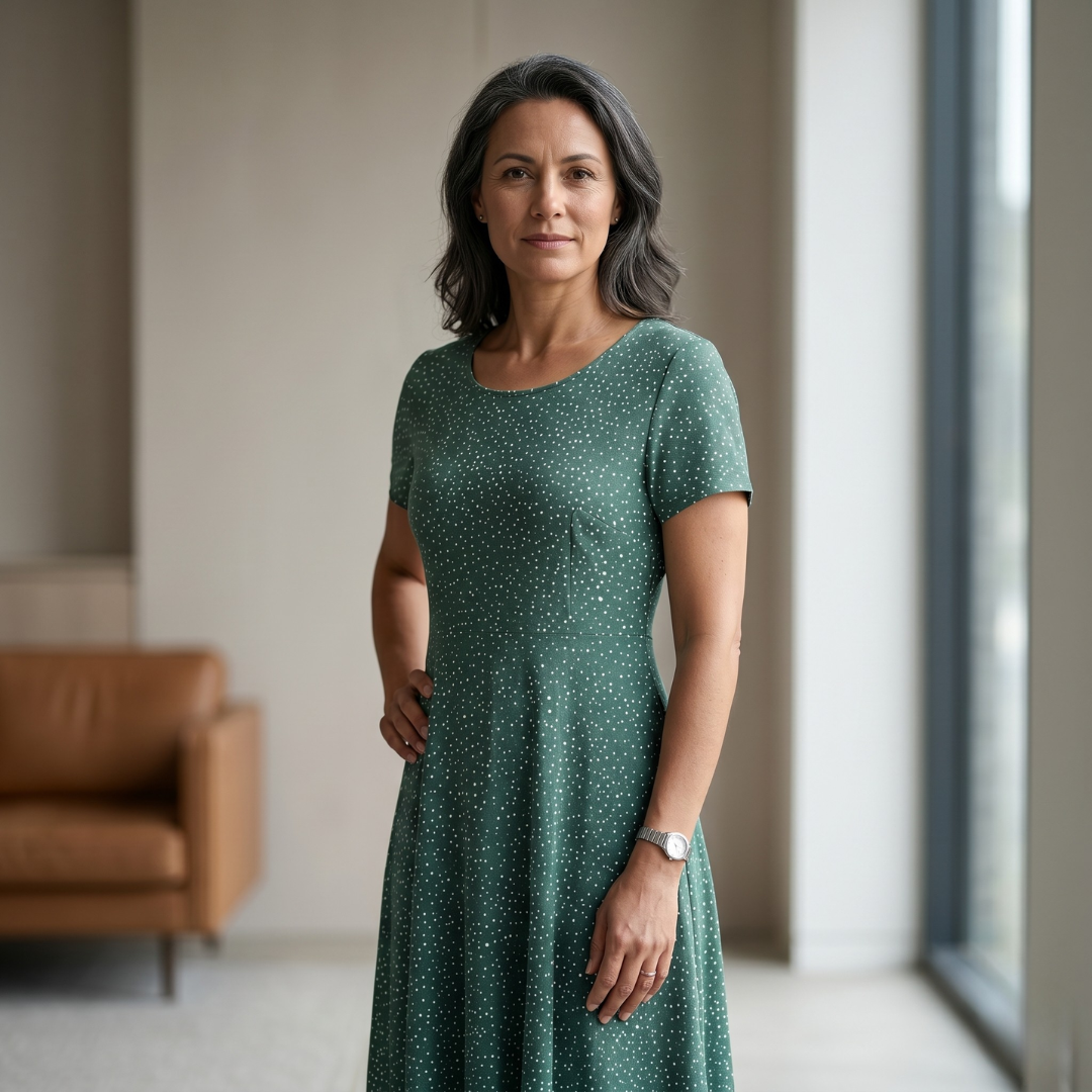 Women's green dotted midi dress with short sleeves and flowy fit on model