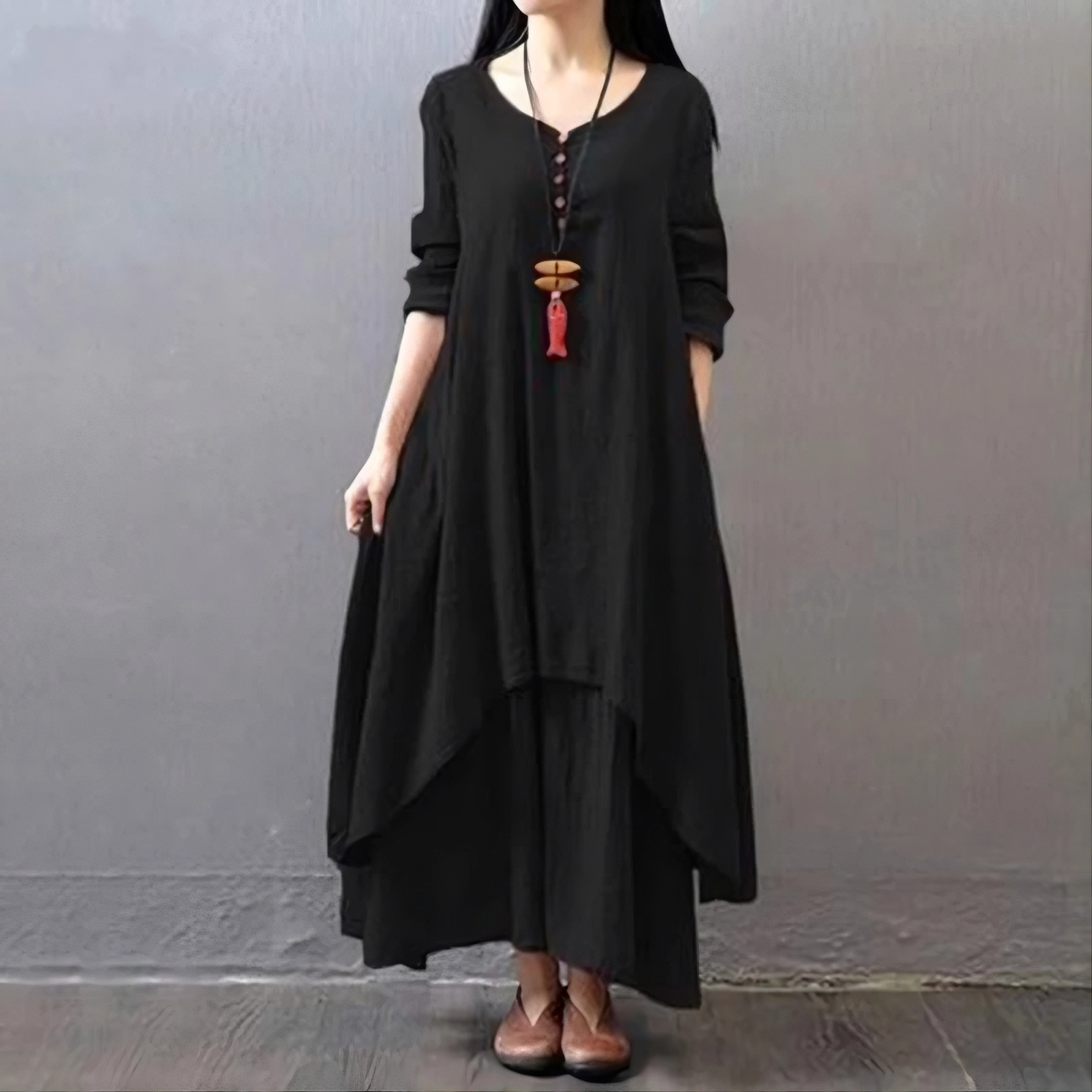 Women's Elegant Bohemian Linen Dress – Loose Fit, Long Sleeves, Gradient Design