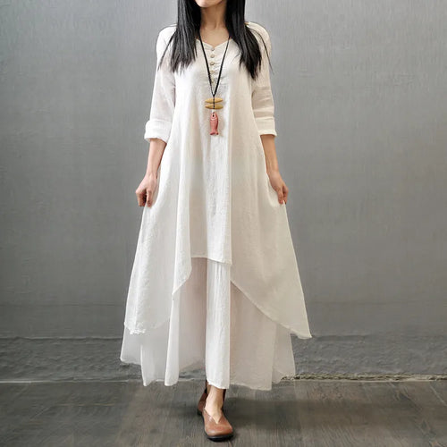 Women's Elegant Bohemian Linen Dress – Loose Fit, Long Sleeves, Gradient Design