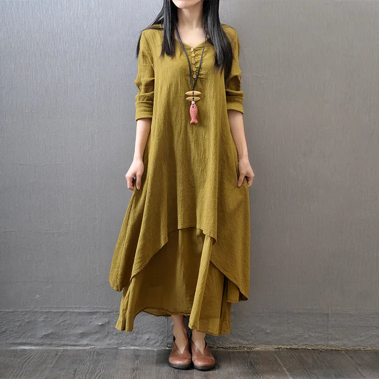 Women's Elegant Bohemian Linen Dress – Loose Fit, Long Sleeves, Gradient Design