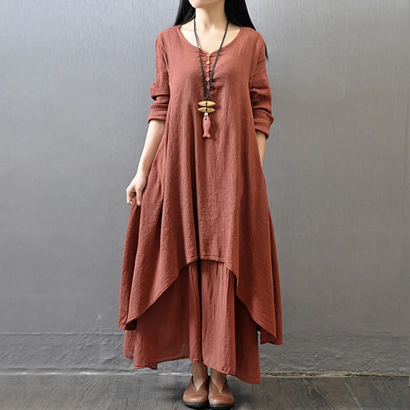 Women's Elegant Bohemian Linen Dress – Loose Fit, Long Sleeves, Gradient Design