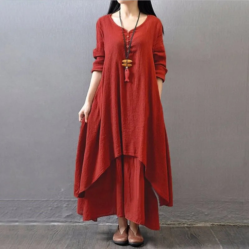 Women's Elegant Bohemian Linen Dress – Loose Fit, Long Sleeves, Gradient Design
