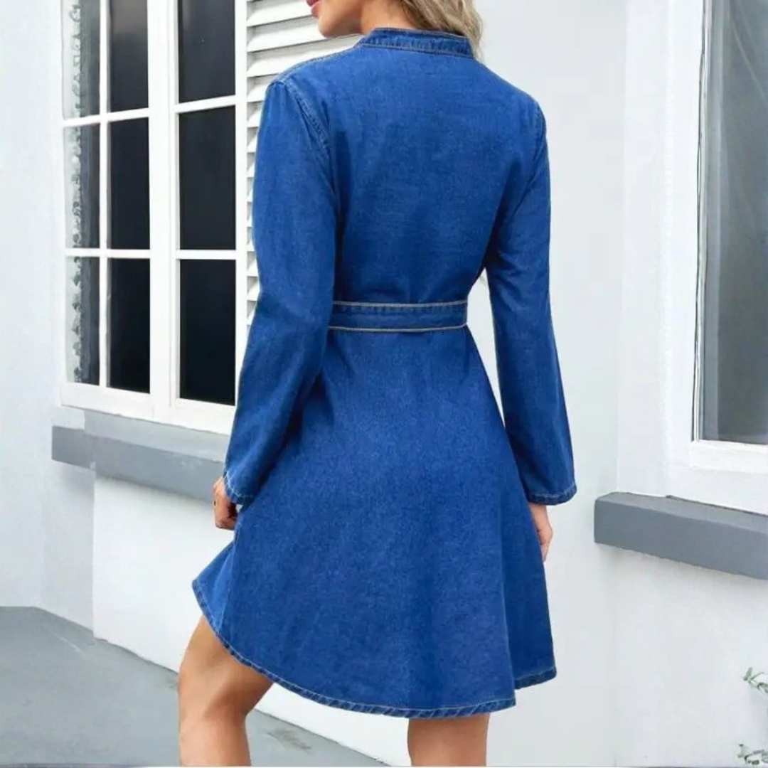 Women's Elegant Casual Denim Dress – Long Sleeve, A-Line Fit, Button Front