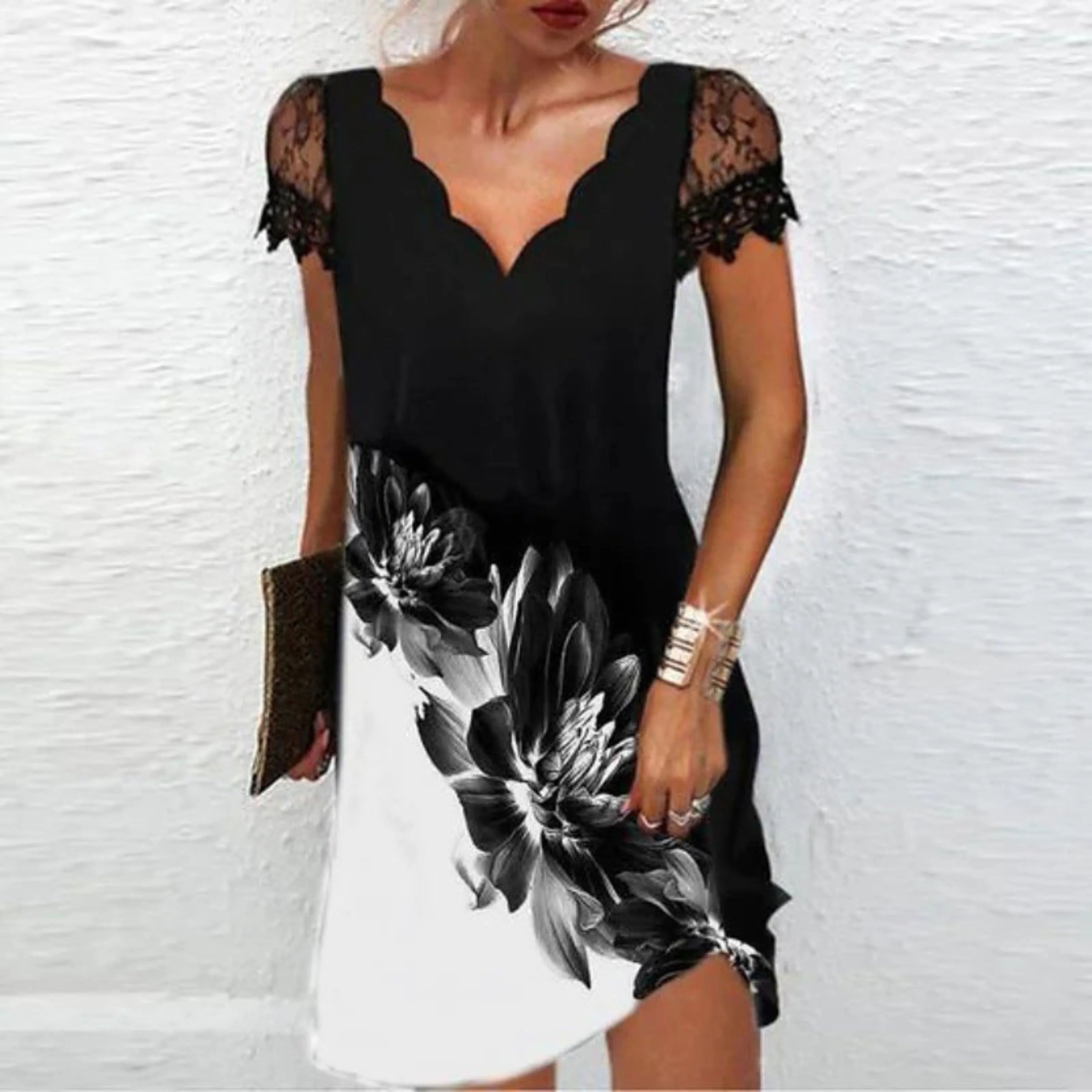 Women’s Elegant Lace Trim Midi Dress – V-Neck Short Sleeve Evening Style