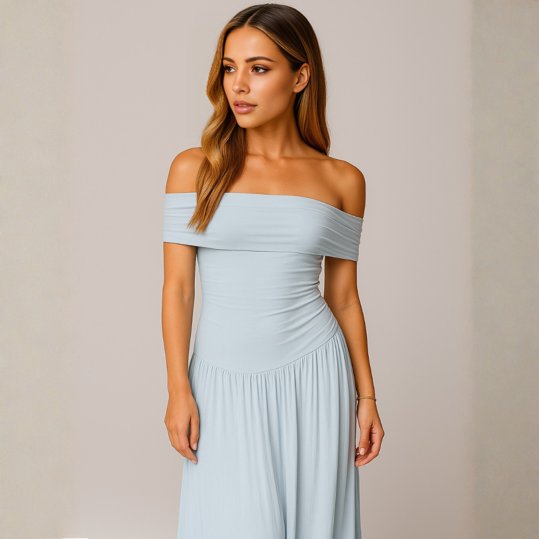 Women's Elegant Off-Shoulder Maxi Dress – Flowing Pleated Skirt for Wedding Events