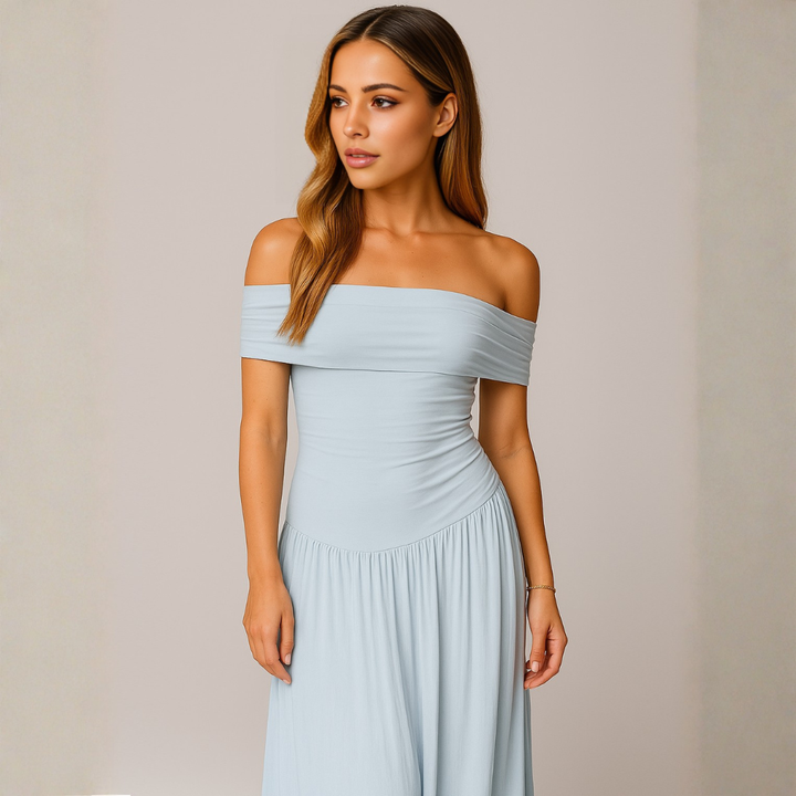 Women's Elegant Off-Shoulder Maxi Dress – Flowing Pleated Skirt for Wedding Events