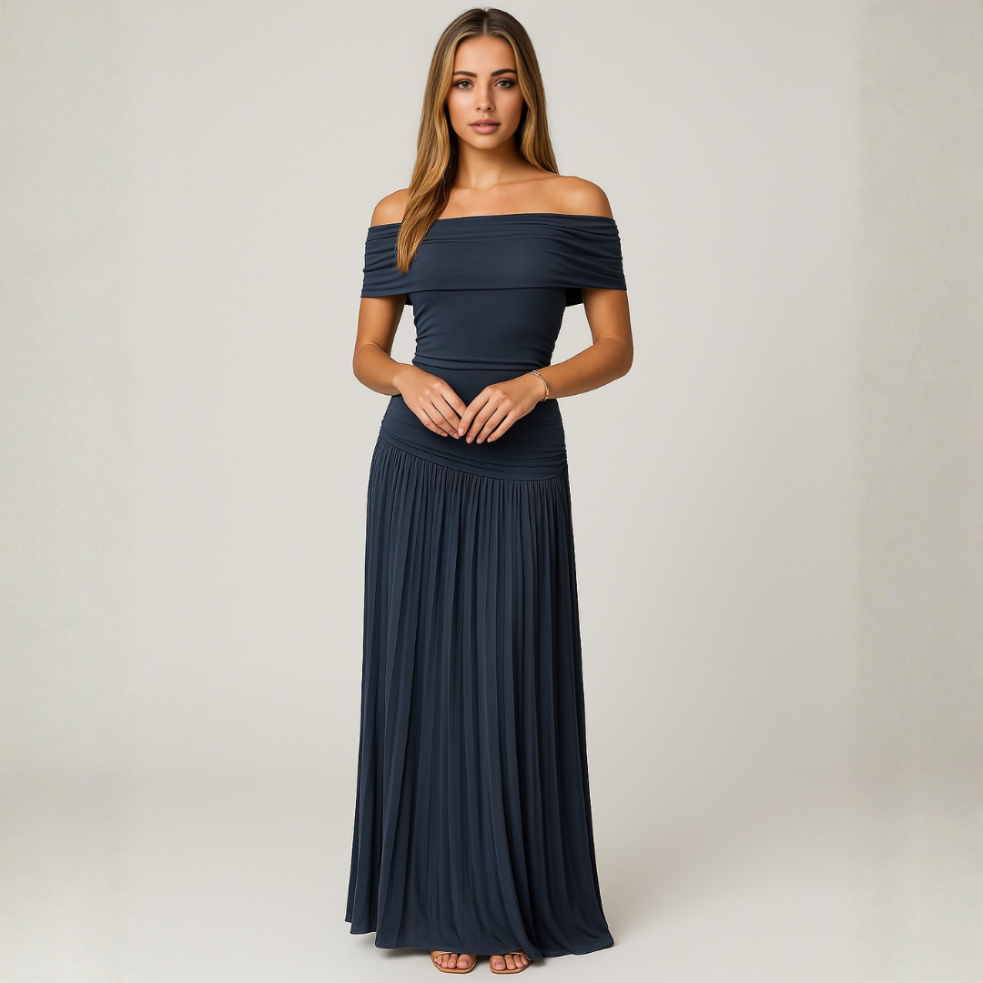 Women's Elegant Off-Shoulder Maxi Dress – Flowing Pleated Skirt for Wedding Events