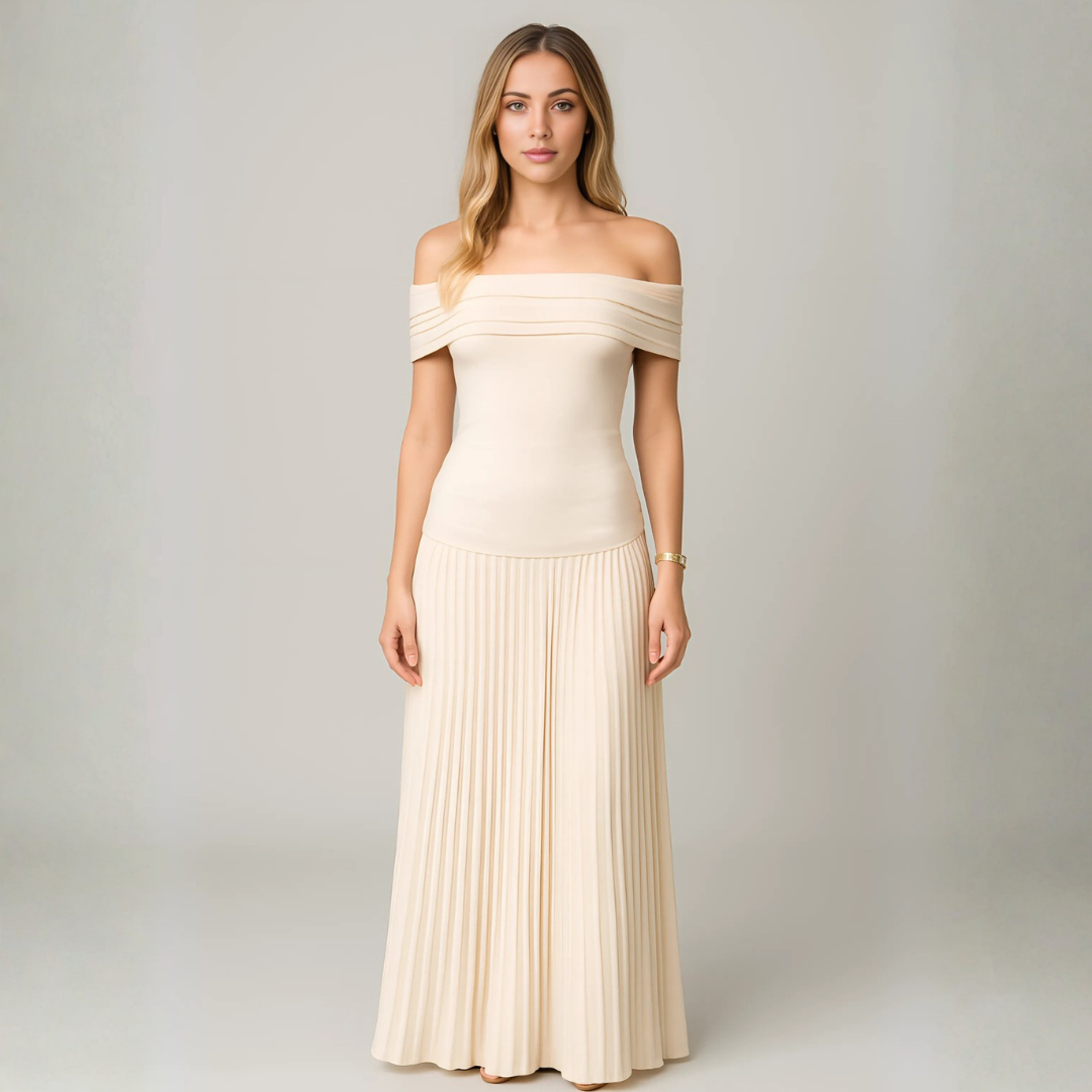 Women's Elegant Off-Shoulder Maxi Dress – Flowing Pleated Skirt for Wedding Events