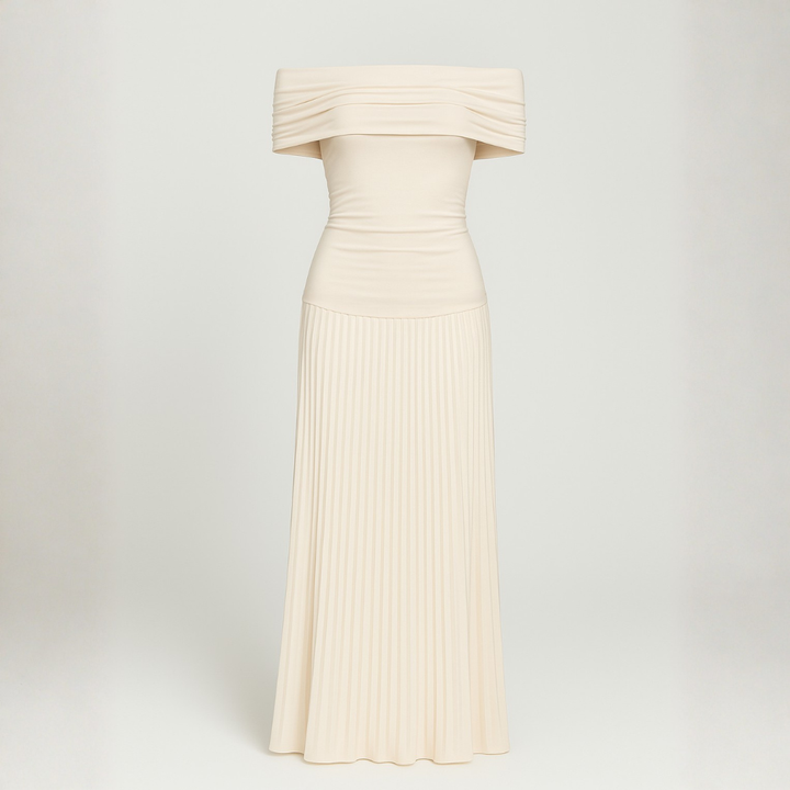 Women's Elegant Off-Shoulder Maxi Dress – Flowing Pleated Skirt for Wedding Events