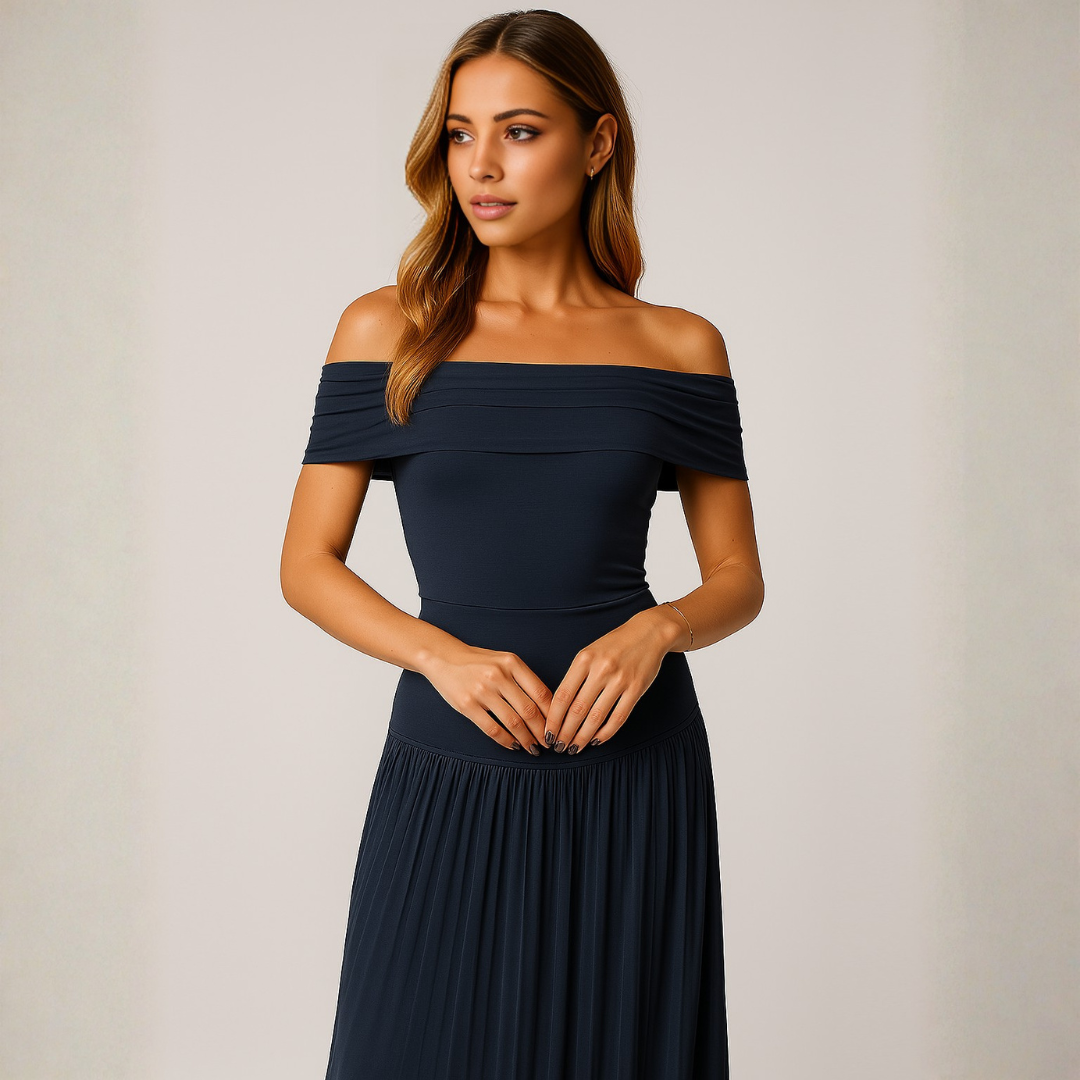 Women's Elegant Off-Shoulder Maxi Dress – Flowing Pleated Skirt for Wedding Events