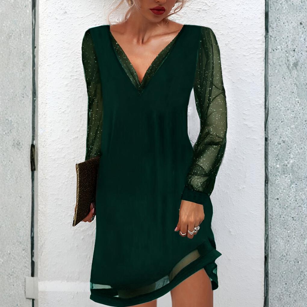 Women’s Elegant V-Neck Midi Dress – Sheer Long Sleeve Evening Cocktail Dress